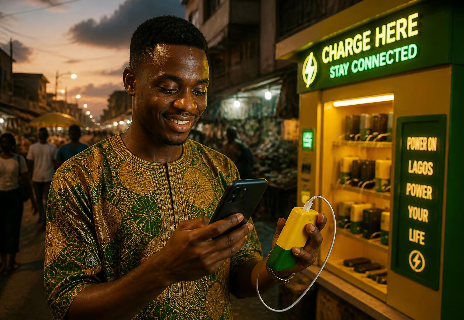 Customer charging a phone with a rented 080data powerbank beside a lit charging kiosk in Lagos